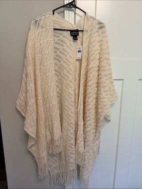 Angie Cream Open Knit Poncho with Fringe